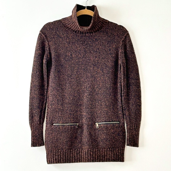 Burberry Brit Cotton & Wool Turtleneck Zip Pocket Marl Brown Fig Sweater - Picture 1 of 16